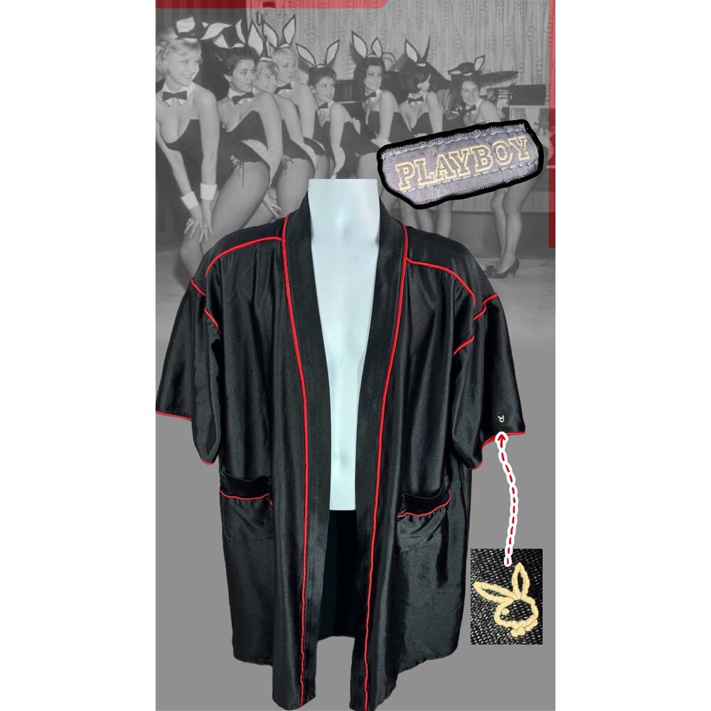 PLAYBOY Licensed Logo Bunny Robe — Red & Black Silky Polyester